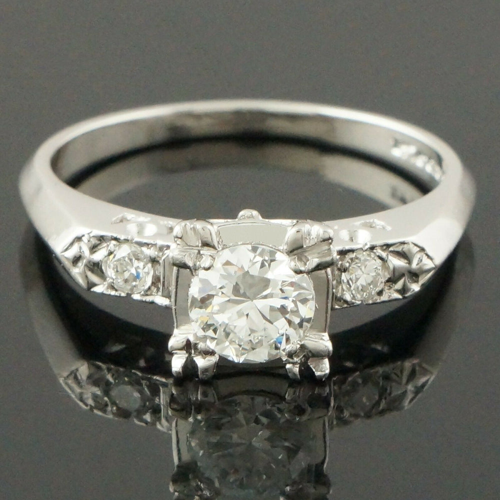 Solid Platinum & .54 CTW 3 Stone Diamond Estate Wedding, Engagement Ring