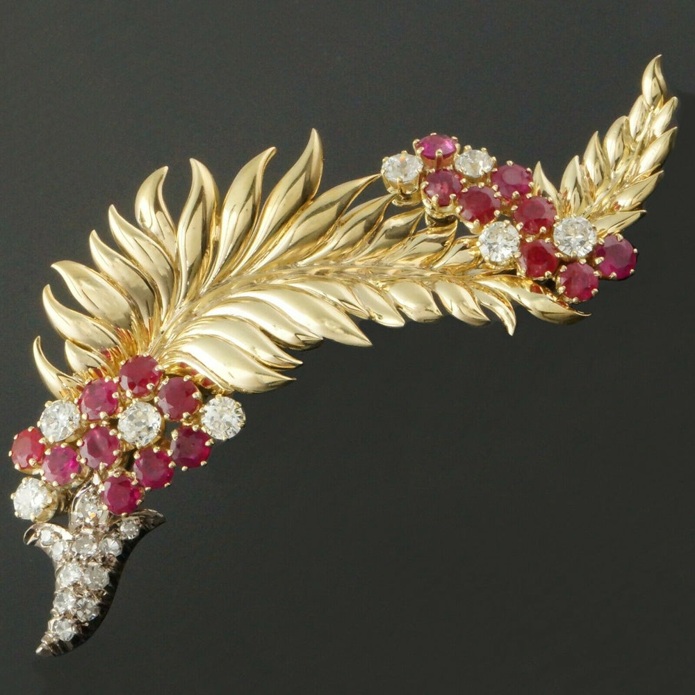 Solid Platinum & 18K Yellow Gold, Ruby & Diamond Pin, Estate Feather Brooch, Olde Towne Jewelers, Santa Rosa CA.