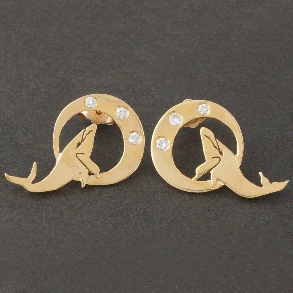 Solid 14K Gold & .15 Ct. Diamond Humpback Whale Estate Earrings, Olde Towne Jewelers, Santa Rosa CA.