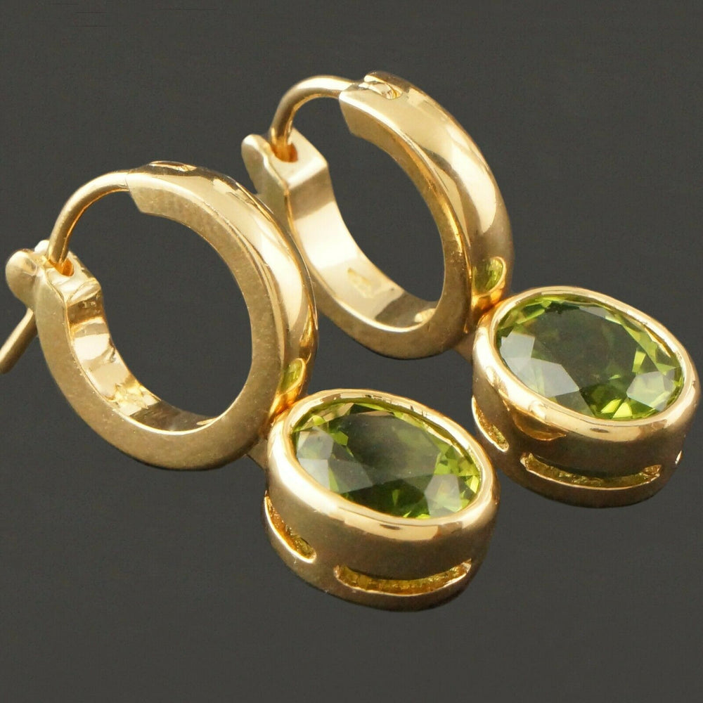 Solid 18K Yellow Gold & 4.26 Cttw Peridot, Drop Dangle Latchback Hoop Earrings, Olde Towne Jewelers, Santa Rosa CA.