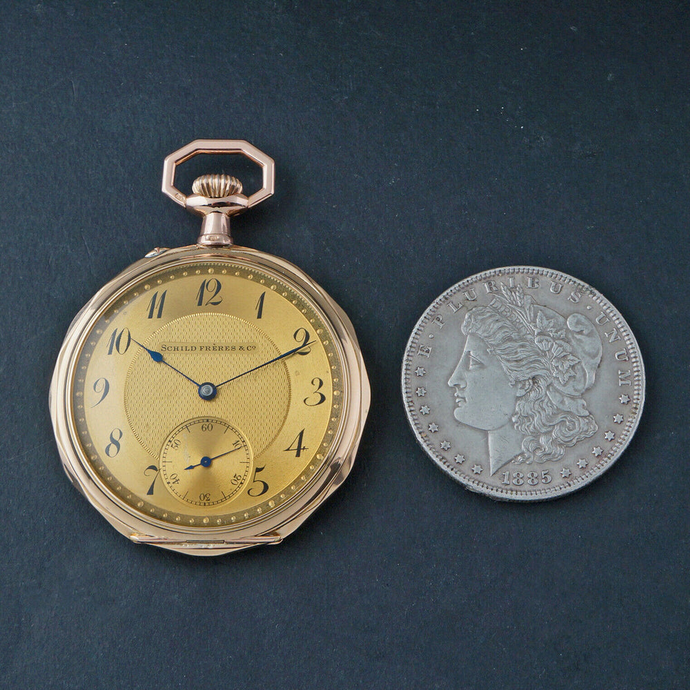 Stunning Large Schild Freres & Co 14K Yellow & Rose Gold Pocket Watch, MINT!, Olde Towne Jewelers, Santa Rosa CA.