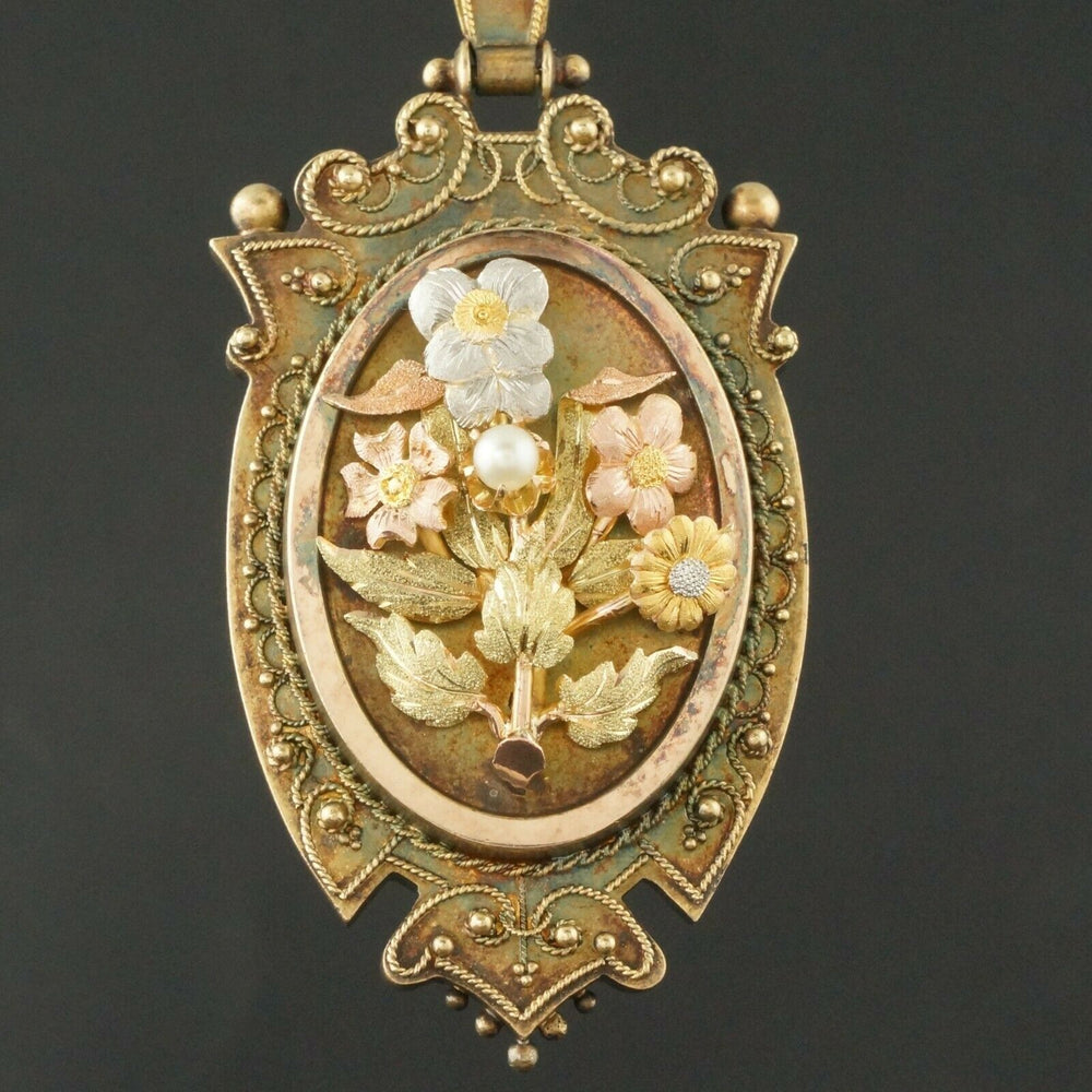 Rare Victorian Solid 14K Multi-Tone Gold & Pearl Floral Mourning Locket, Pendant Olde Towne Jewelers Santa Rosa CA