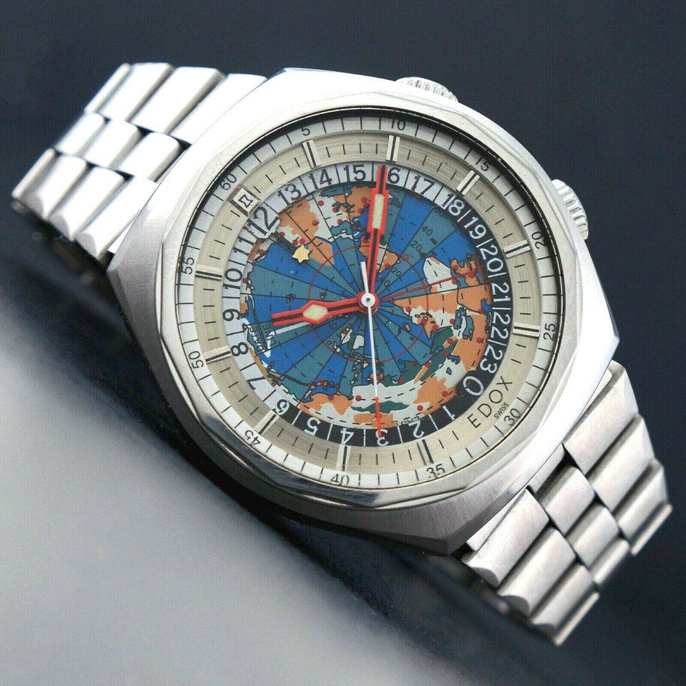 Edox Geoscope 42 GMT World Time Stainless Steel Man's Watch Olde Towne Jewelers Santa Rosa CA