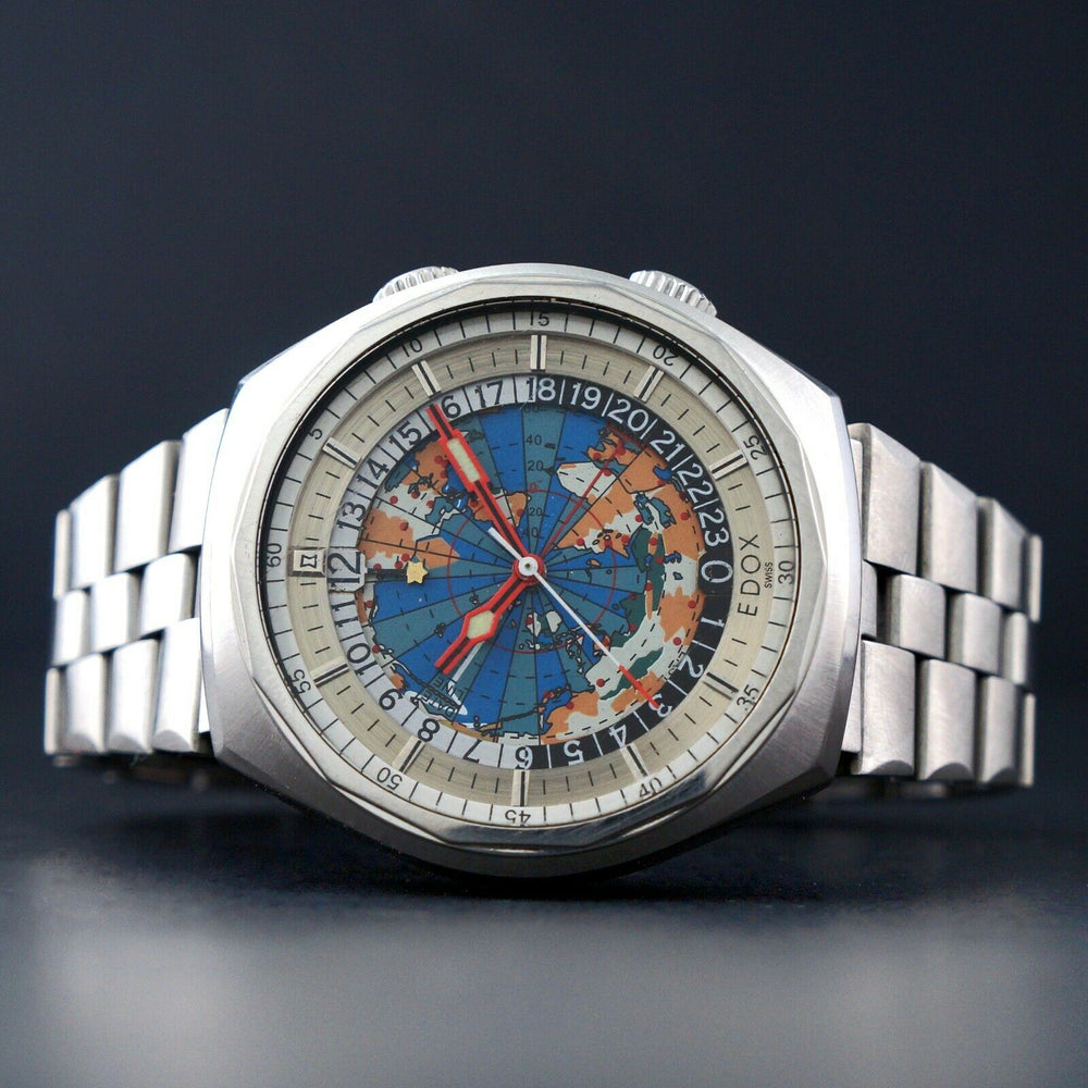 Vintage Edox Geoscope 42 GMT World Time Stainless Steel Man's Watch Olde Towne Jewelers