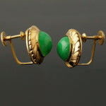 Solid 14K Yellow Gold & Apple Jade, Brushed Finish Screw Back Estate Earrings, Olde Towne Jewelers, Santa Rosa CA.