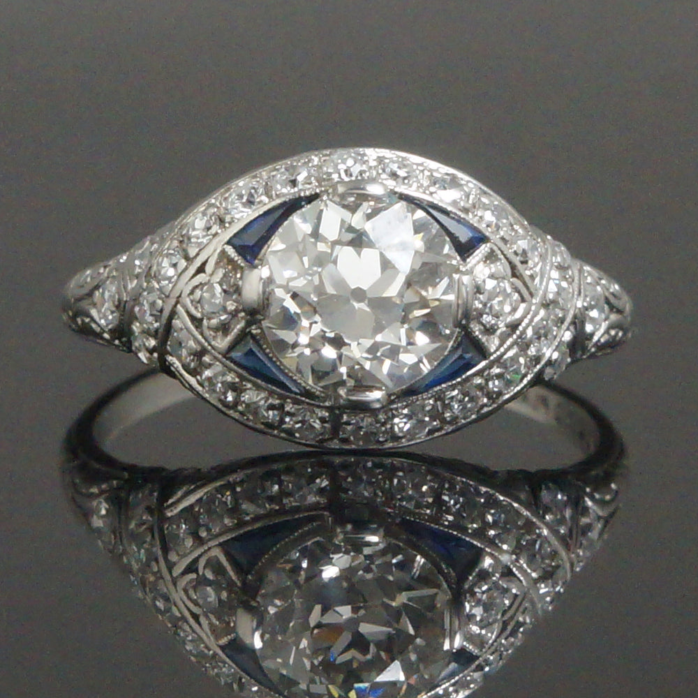 1920's Art Deco Platinum 1.59 CTW OEC Diamond & Sapphire Wedding Engagement Ring, Olde Towne Jewelers Santa Rosa Ca.