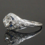 1920's Art Deco Platinum OEC Diamond & Sapphire Filigree Wedding Engagement Ring