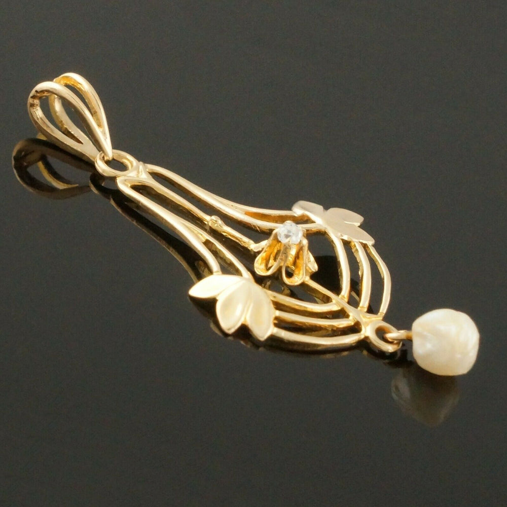 c-1915 Art Nouveau Solid 10K Yellow Gold, Seed Pearl & Diamond Lavalier Pendant Olde Towne Jewelers Santa Rosa CA