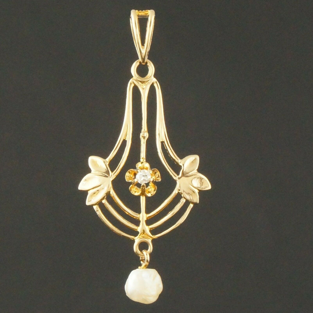 c-1915 Art Nouveau Solid 10K Yellow Gold, Seed Pearl & Diamond Lavalier Pendant