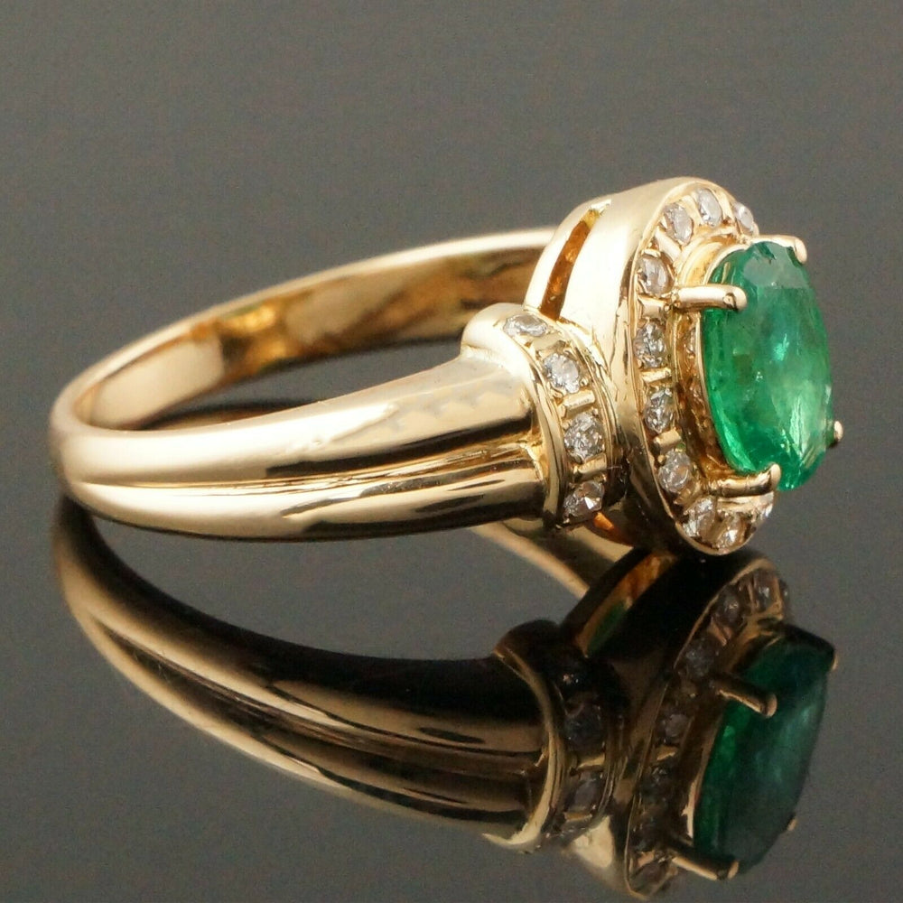 Mid-Century Solid 14K Gold, .90 Ct Emerald & Diamond Halo Estate Wedding, Engagement Ring, Olde Towne Jewelers, Santa Rosa CA.
