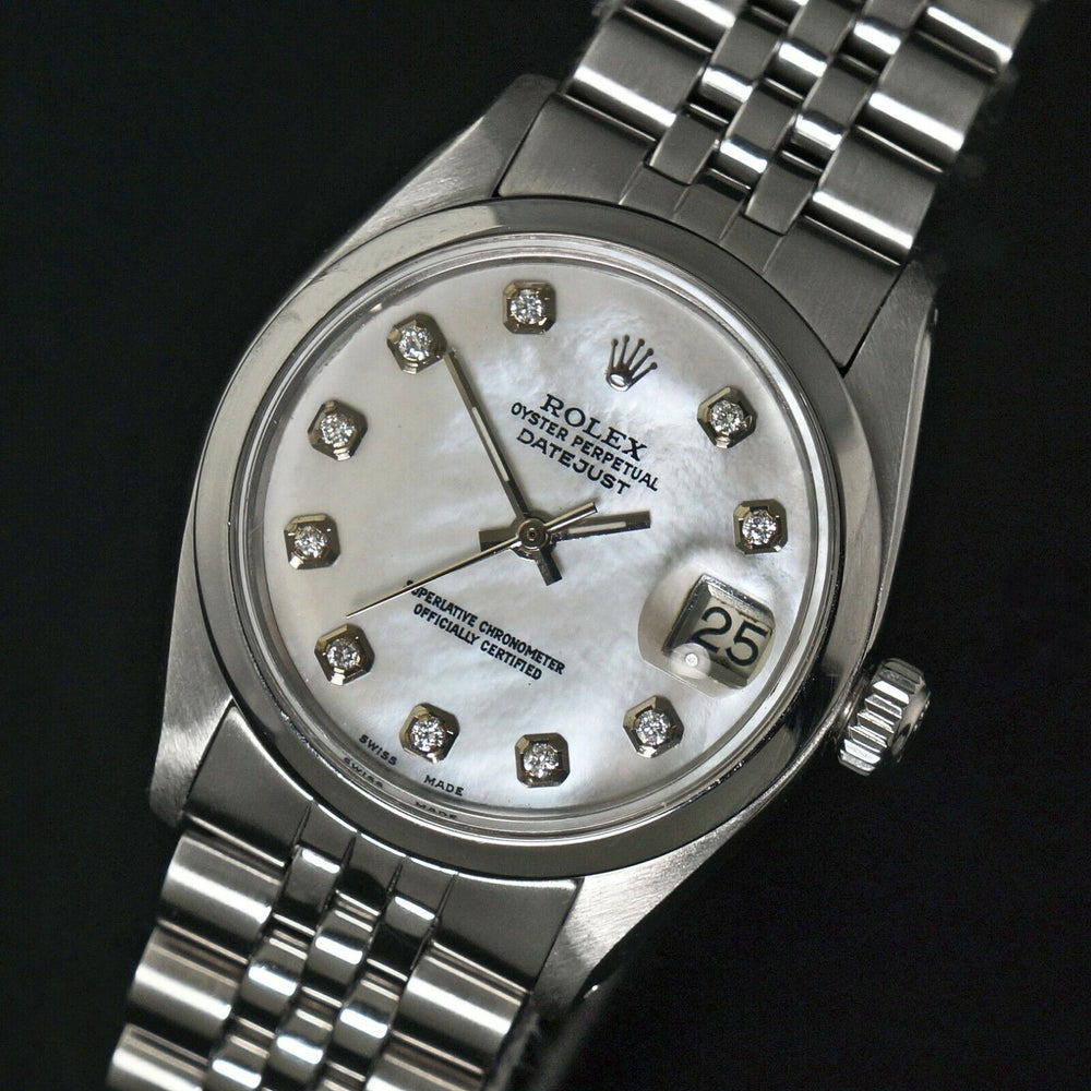 1979 Rolex 6824 31mm Datejust Mother Of Pearl Diamond Dial Midsize Steel Watch