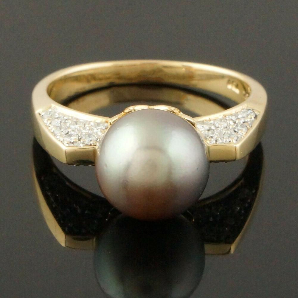 Modernist Solid 18K Yellow Gold, 9.5mm Tahitian Pearl & Diamond Estate Cocktail Ring