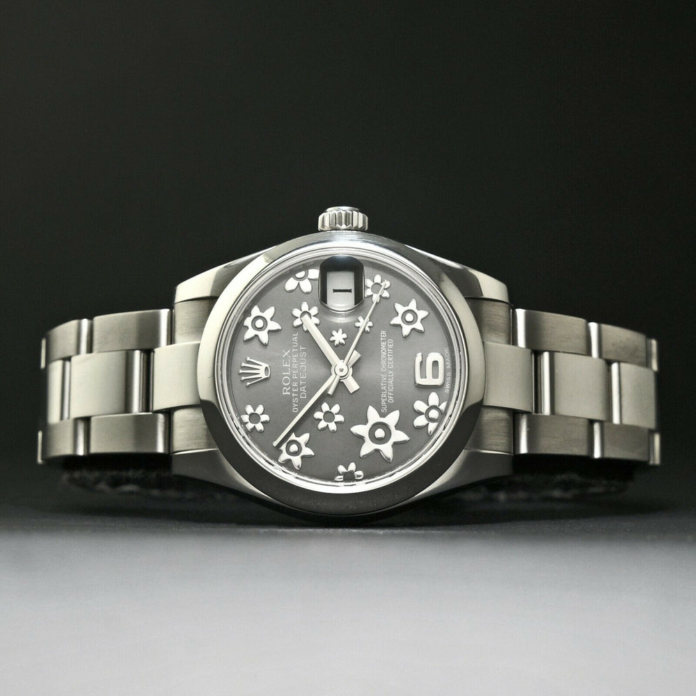 2018 Rolex 178240 Datejust 31mm Dark Rhodium Floral Dial Mid Size Steel Watch, Olde Towne Jewelers Santa Rosa Ca.